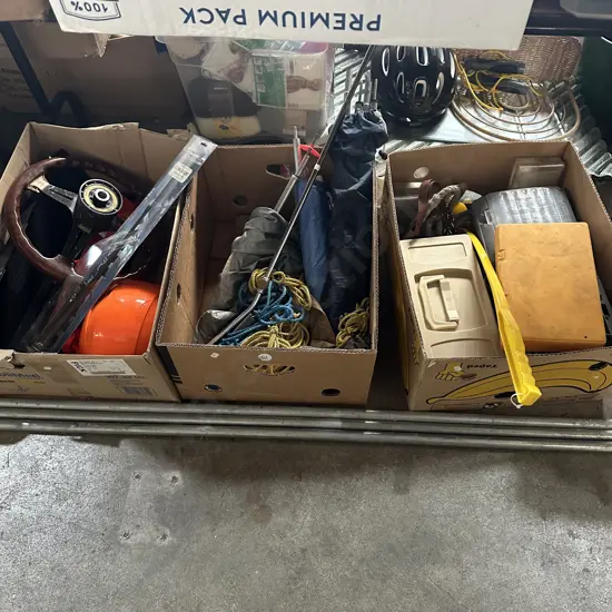 Three boxes including tool boxes, tackle boxes, tent poles and car accessories etc.