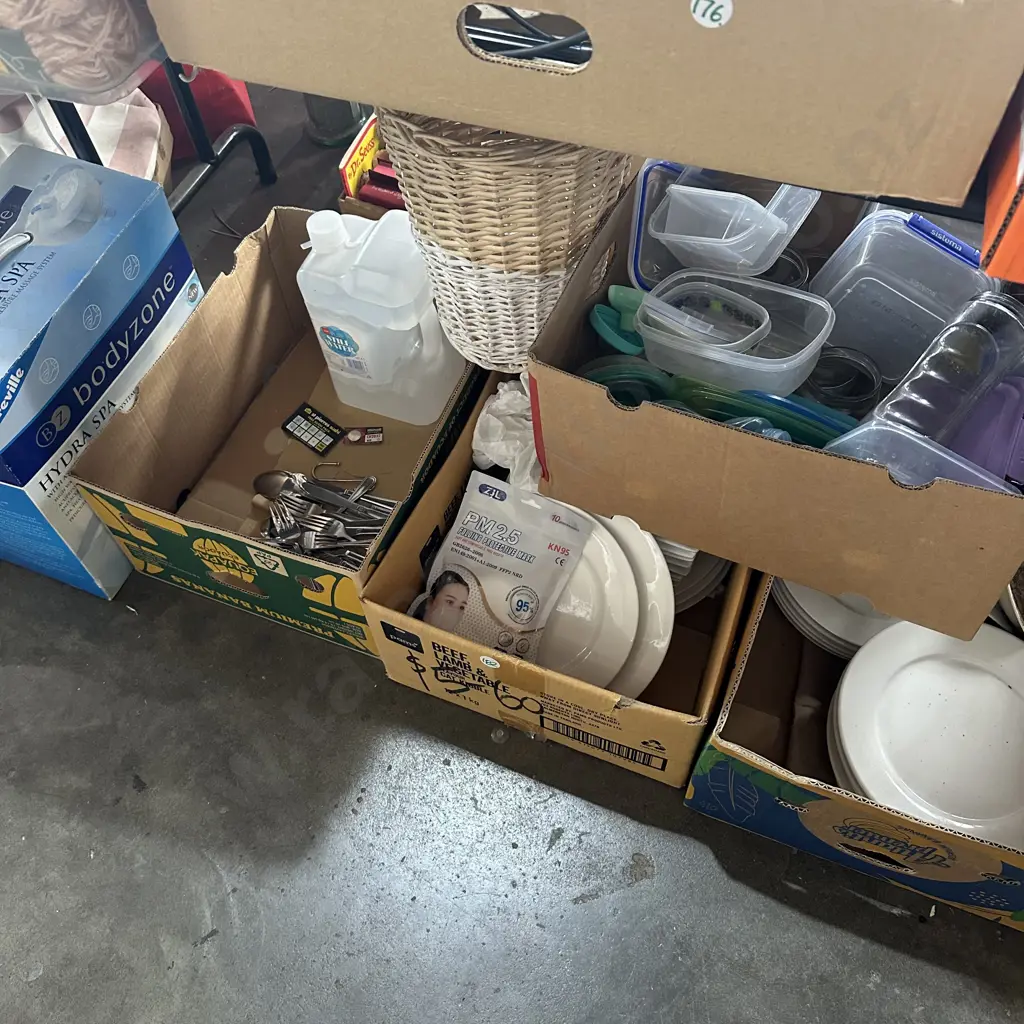 Large bay lot of plates, cutlery, cane basket and water etc. Image 1++