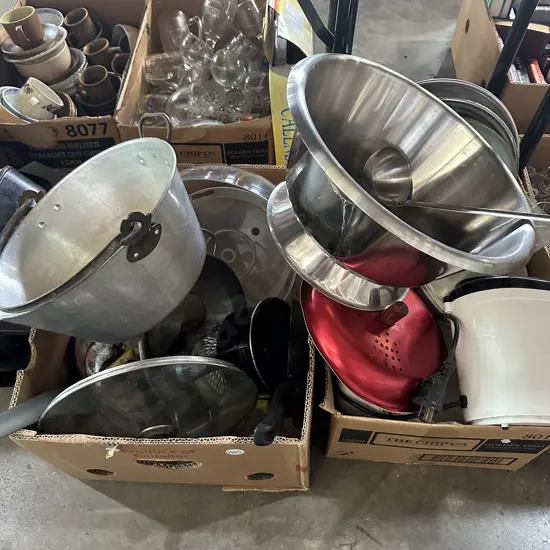 Two boxes with preserving pan and stainless steel punch bowl etc.
