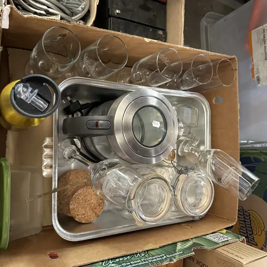 Box including roaster, electric jug, canisters and "Watties" 75 Years glasses etc.