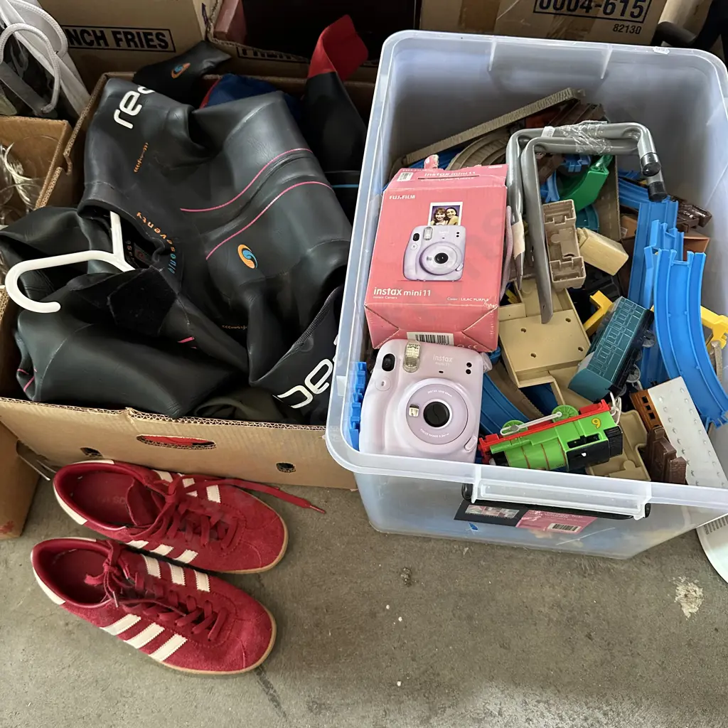 Two boxes wetsuits, shoes and toys etc. Image 1++