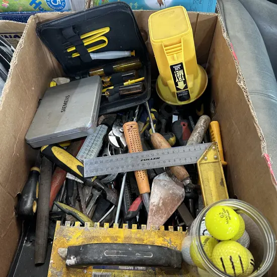 Box of tools and golf balls etc.