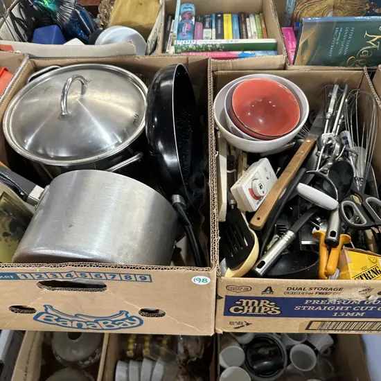 Two boxes cutlery and utensils, pots and frying pan etc.