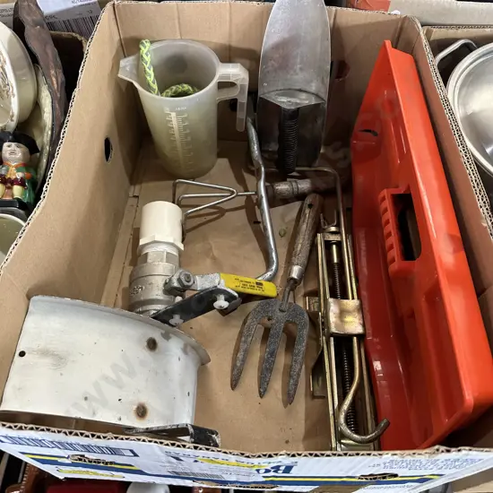 Gardening tools and measuring jug plus scissor jack etc.