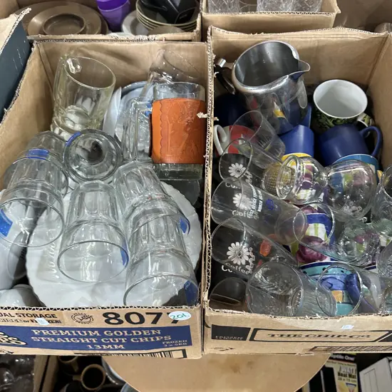Two boxes dinner set, glasses and cups etc.