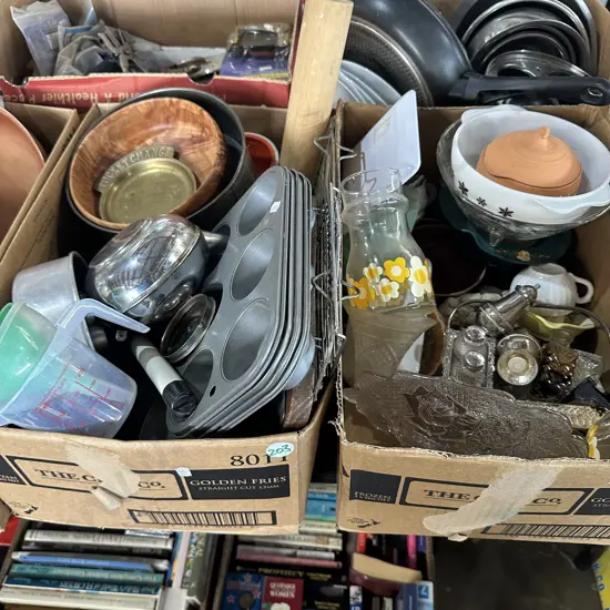 Two boxes bakeware, silverware, pottery etc.