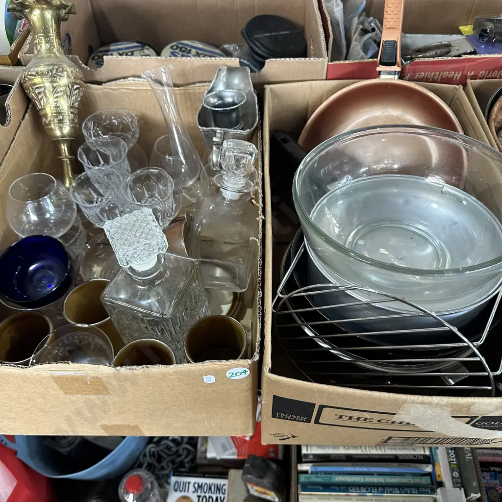 Two boxes brass vase, non-stick frying pan, decanters and silverware etc. Image 1++
