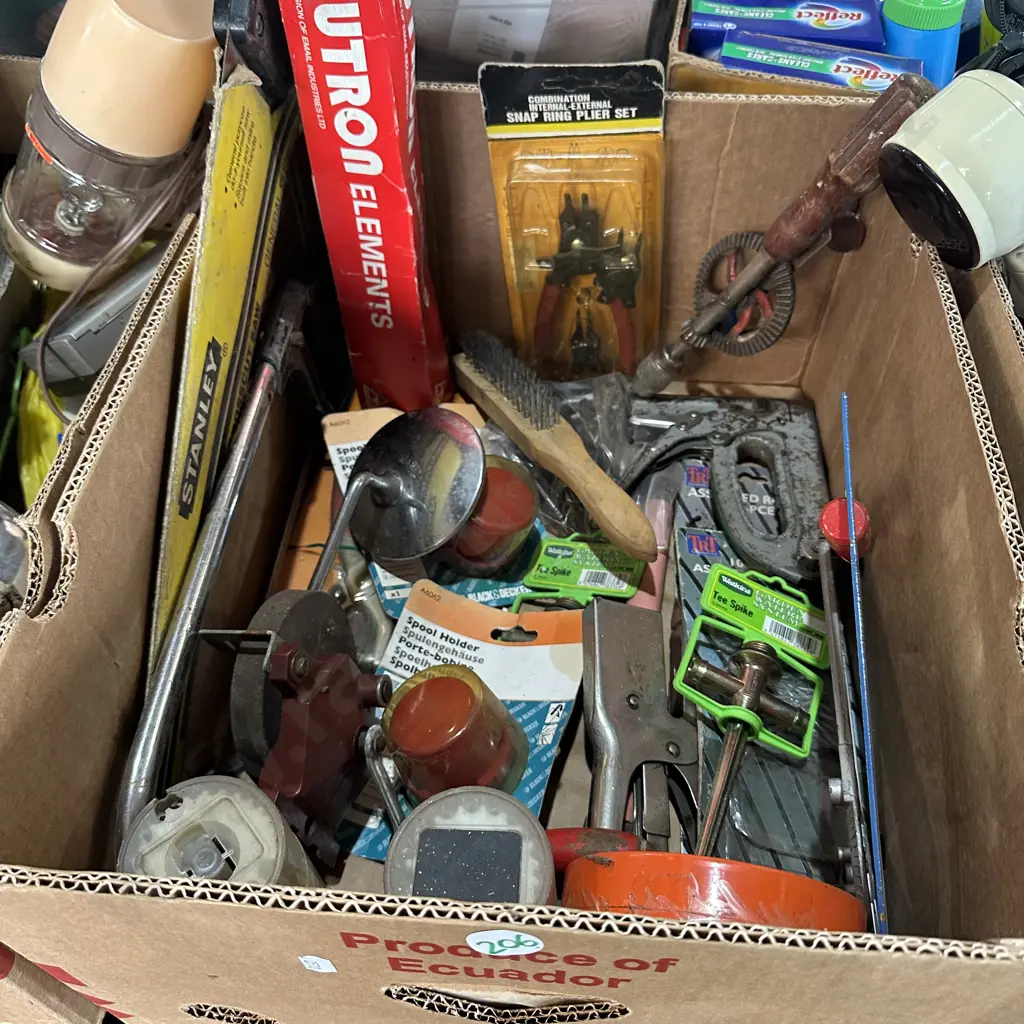 Box of tools and hardware including a new hot water cylinder element etc. Image 1++