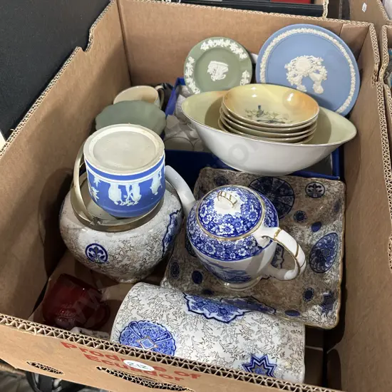 Box of china, glasses and wedgwood etc.