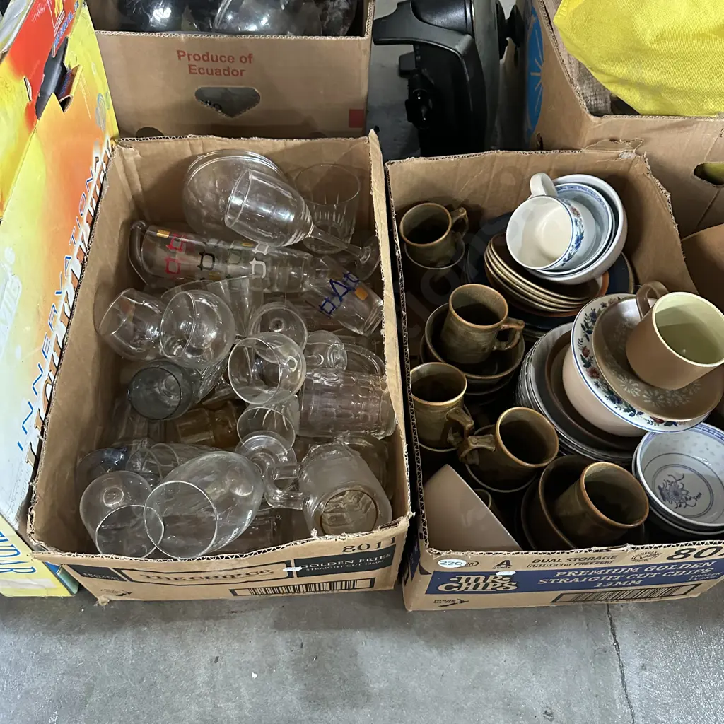 Two boxes of glassware, plates and cups including Temuka Image 1++