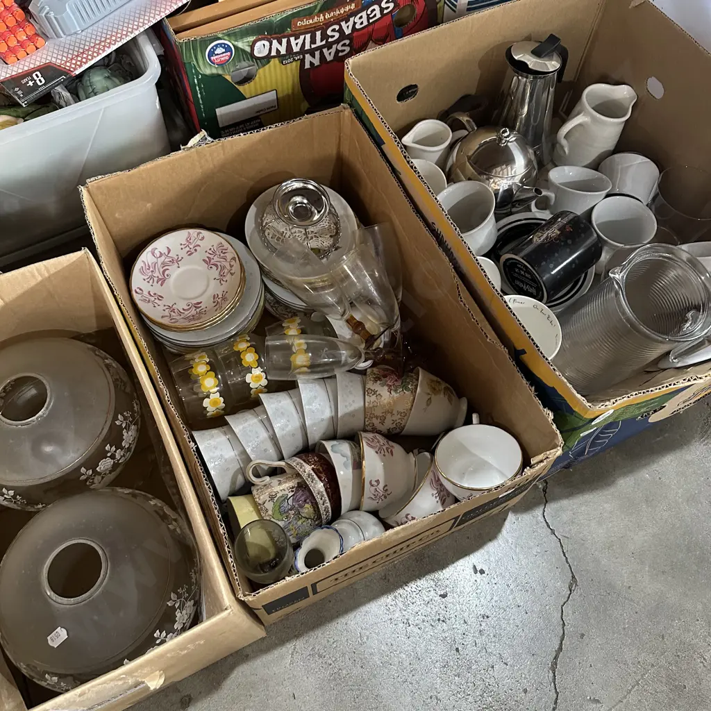 Three boxes of English china, cups and light shades etc. Image 1++