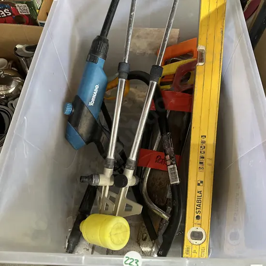 Bin of tools and water sprinklers etc.
