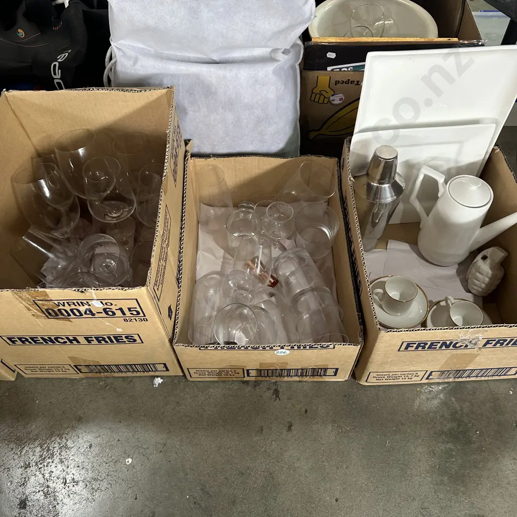 Three boxes glassware, cocktail shaker, Maxwell Williams servers etc. Image 1++