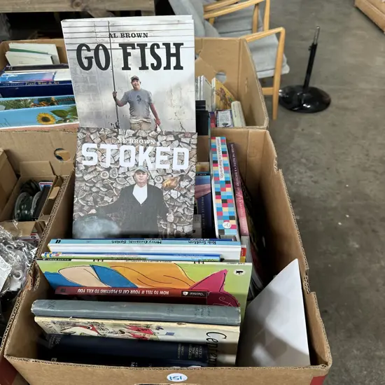 Box of books including Al Brown cooking books.