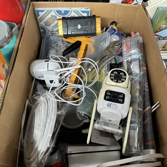 Box of assorted items including tools, hardware, craft, plus security cameras etc.