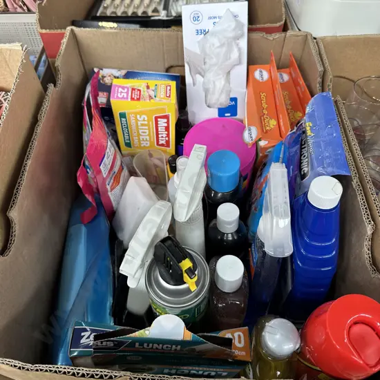 Box of cleaning products and resealable bags etc.