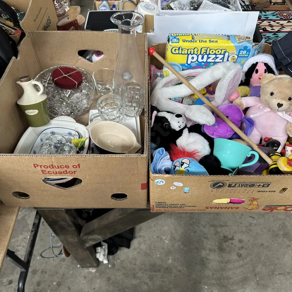 Two boxes of soft toys, glass and bakeware etc. Image 1++