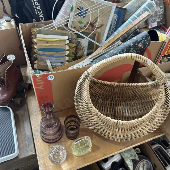 Box of wallpaper, vintage shelf, basket and art glass etc.