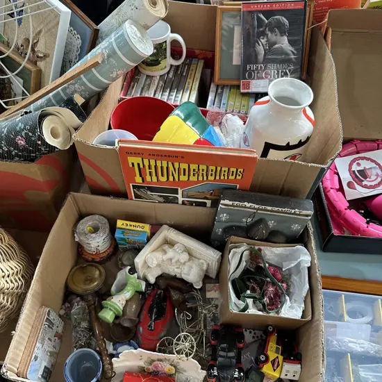 Two boxes of vintage items, DVDs, vase etc.