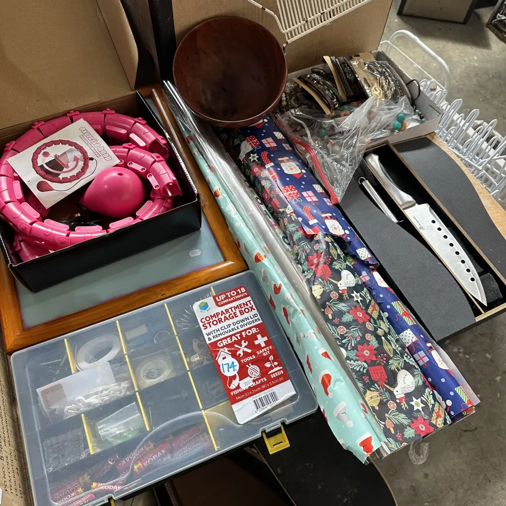 Large lot costume jewellery, knives, wrapping paper, storage box and contents etc. Image 1++