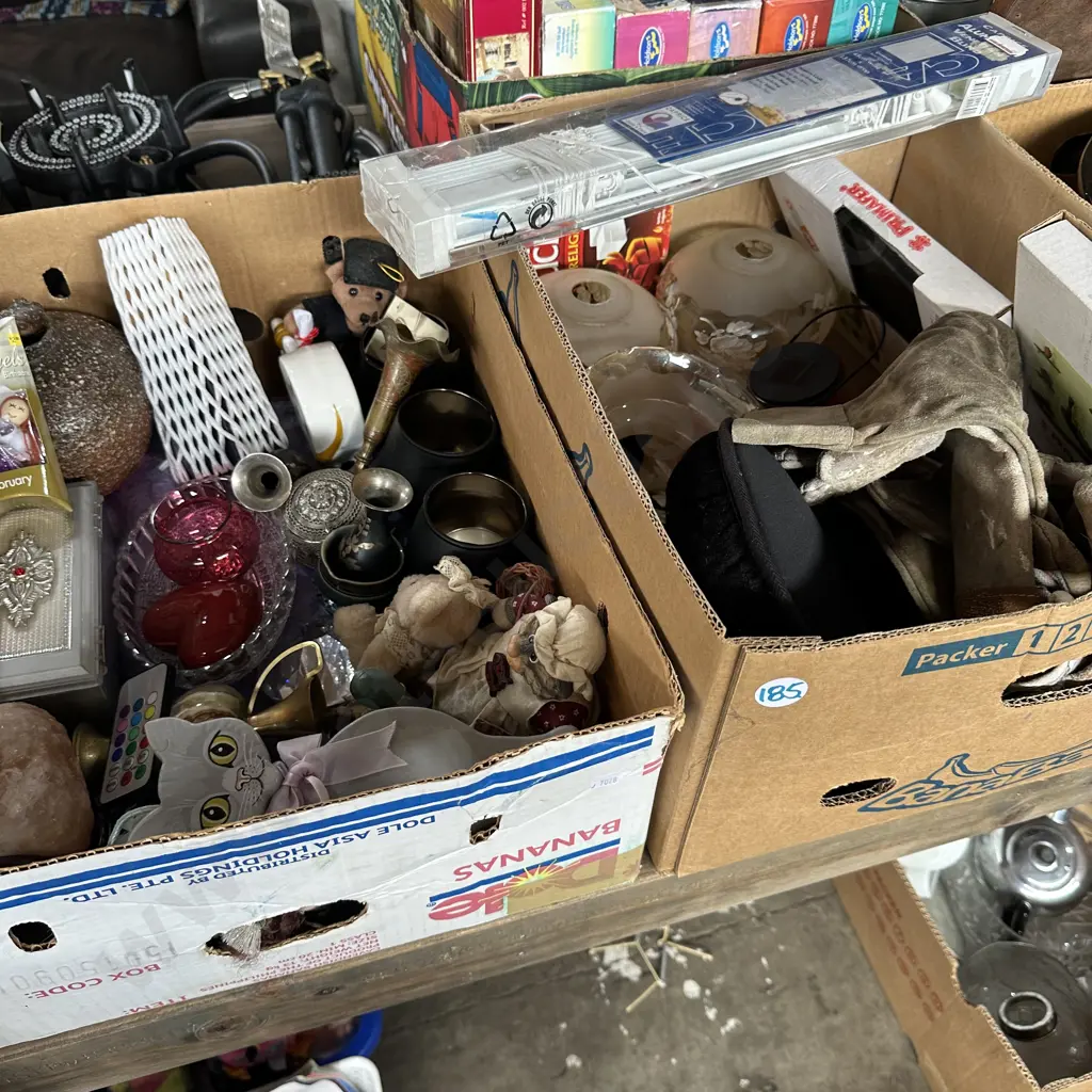 Two boxes, pair of Granite shelves, new aluminium venetian blind and collectables. Image 1++