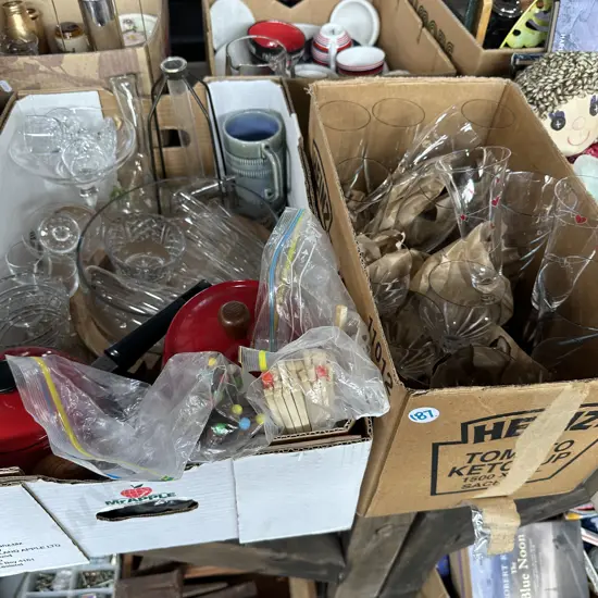 Two boxes of glassware, fondue set, test tube vase etc.