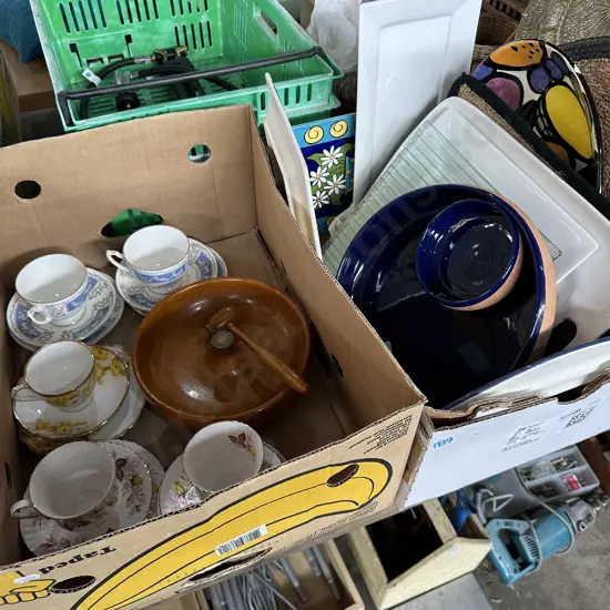Two boxes with English tea sets, servers, nut cracking bowls etc.