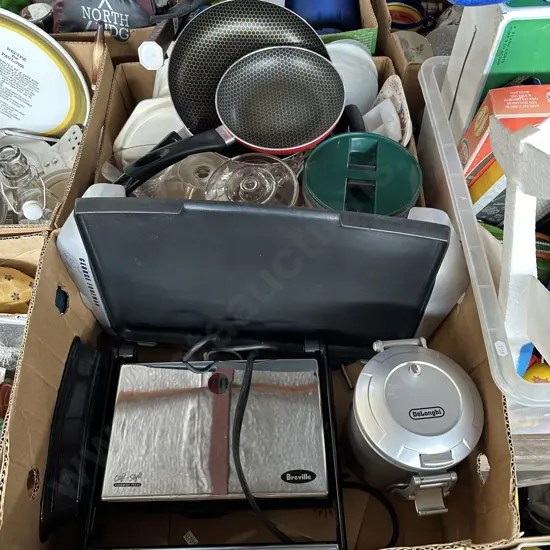 Two boxes with sandwich press and good non-stick frying pans etc.