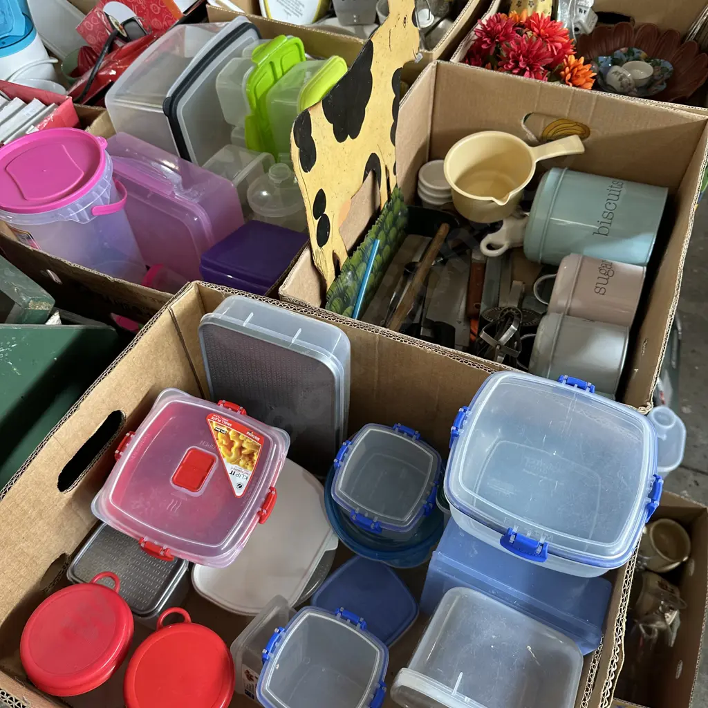 Three boxes of storage containers and canisters with Sistema, knives and egg beater etc. Image 1++