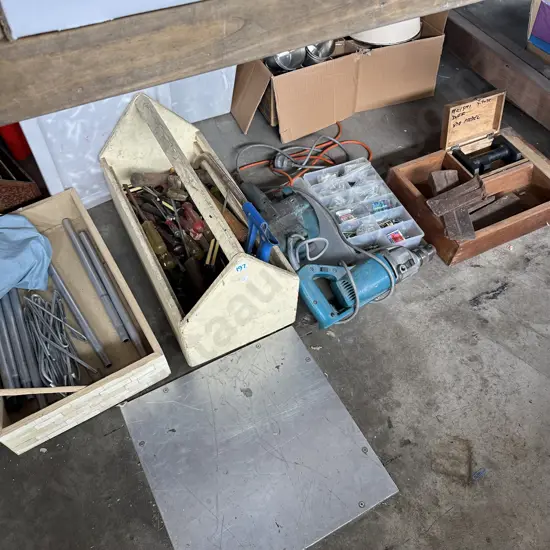 Large lot of Tools and toolboxes, log splitters, tent poles and pegs.