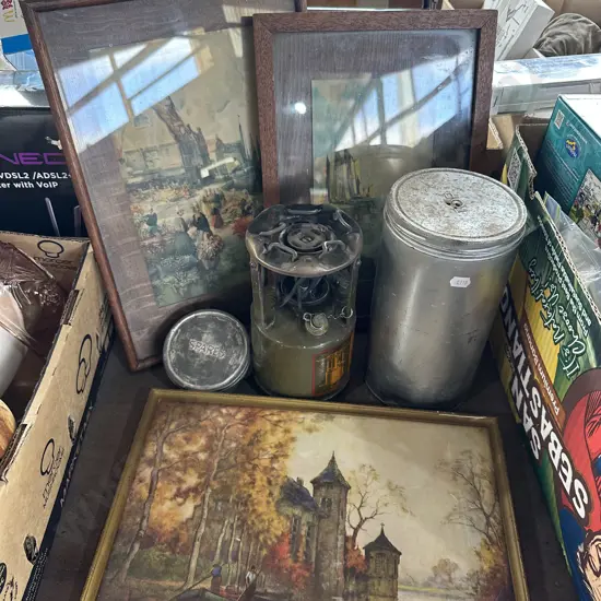 Kerosene camp cooker plus three pictures.
