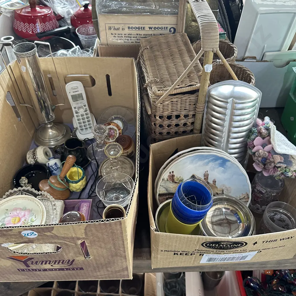 Two boxes, silver vase, picnic basket, collectables etc. Image 1++