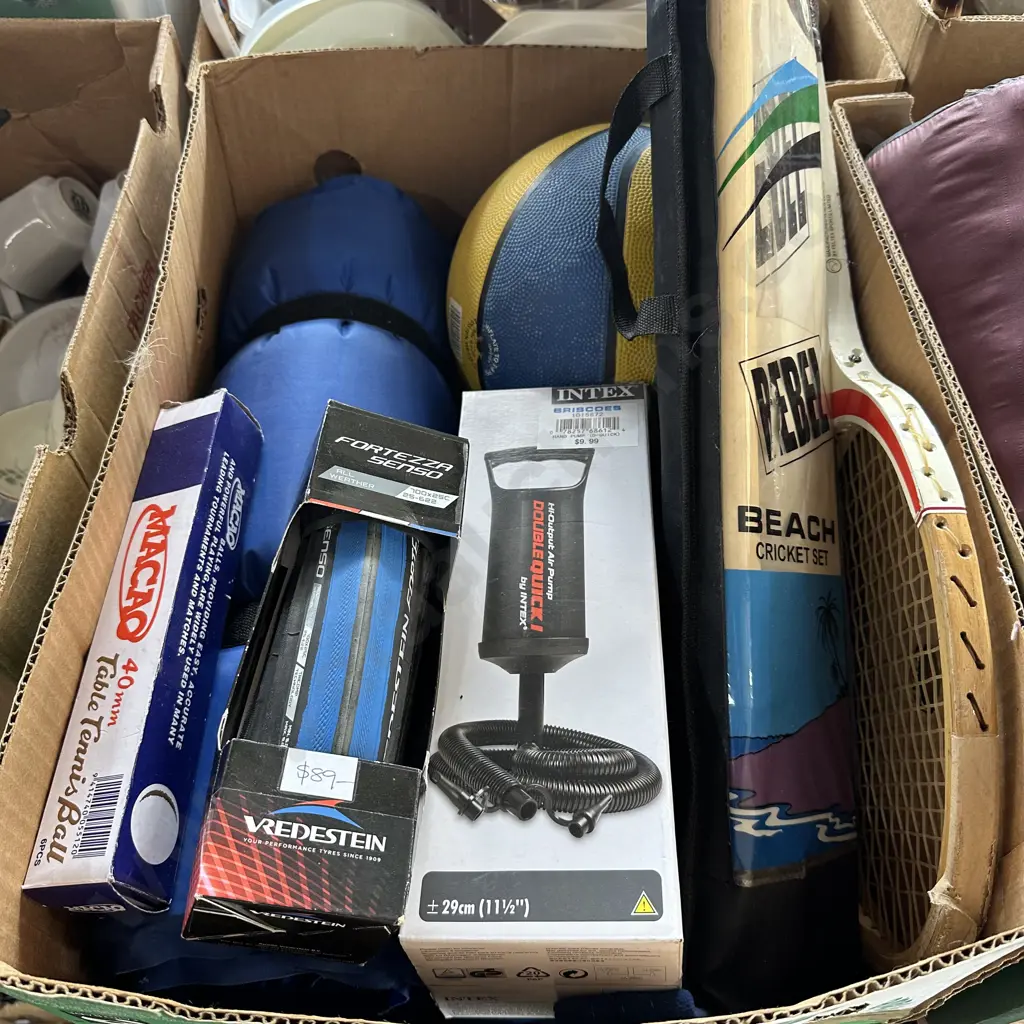 Box lot including Cricket set, ball, and new bike tyre etc. Image 1++
