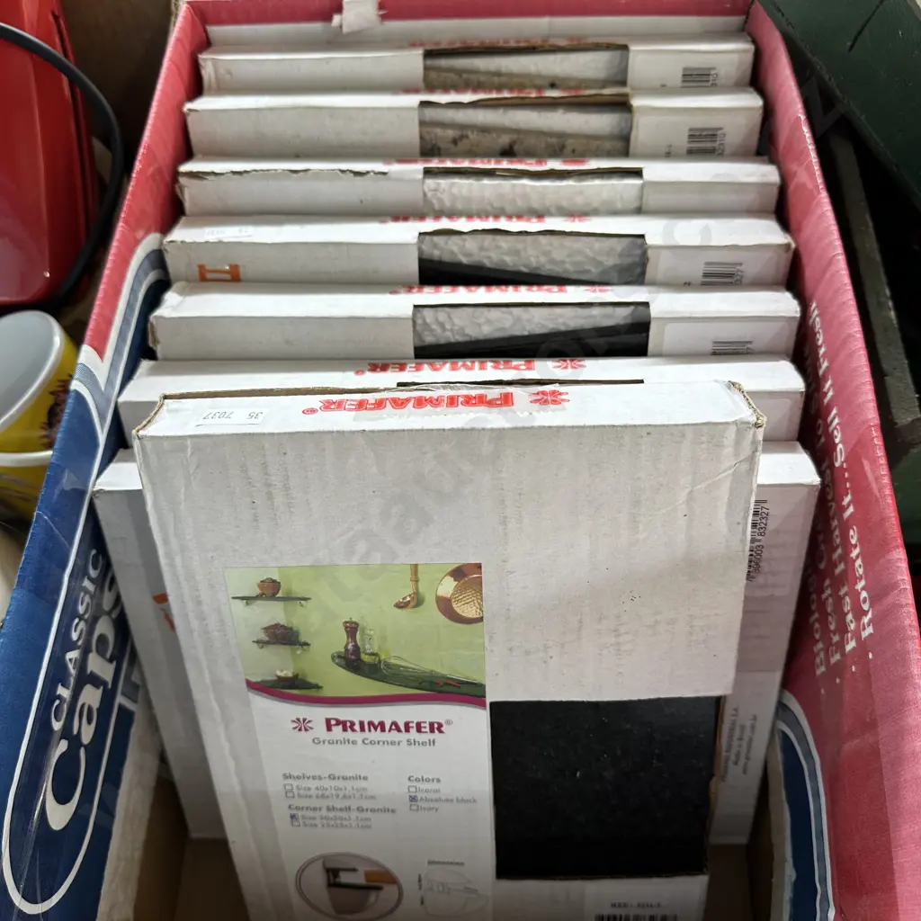 Box of eight Granite corner shelves. Image 1++