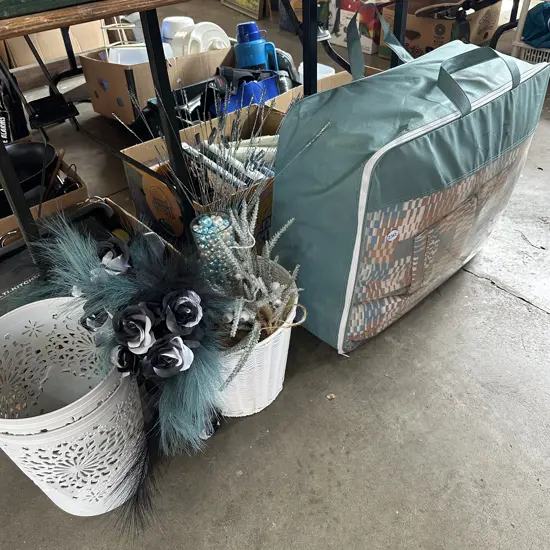 Basket and arrangement, paper bins, King bed duvet set.
