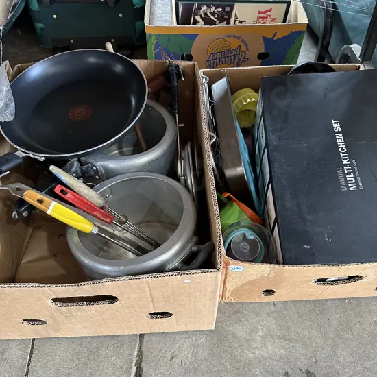Two boxes pots, baking, utensils and good non-stick fry pan etc.