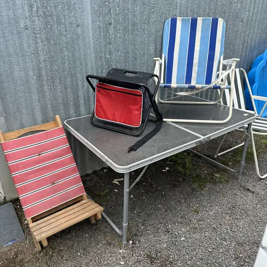 low camping table, chilli bag, vintage deck chair plus 2 others