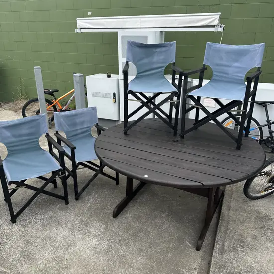 Kwila outdoor table 1500mm, and 4 folding chairs, all fresh stained