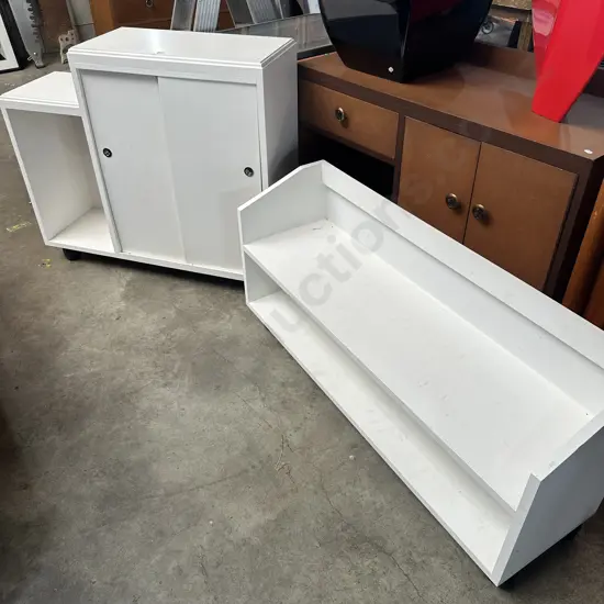 2 rolling white furniture items plus cabinet