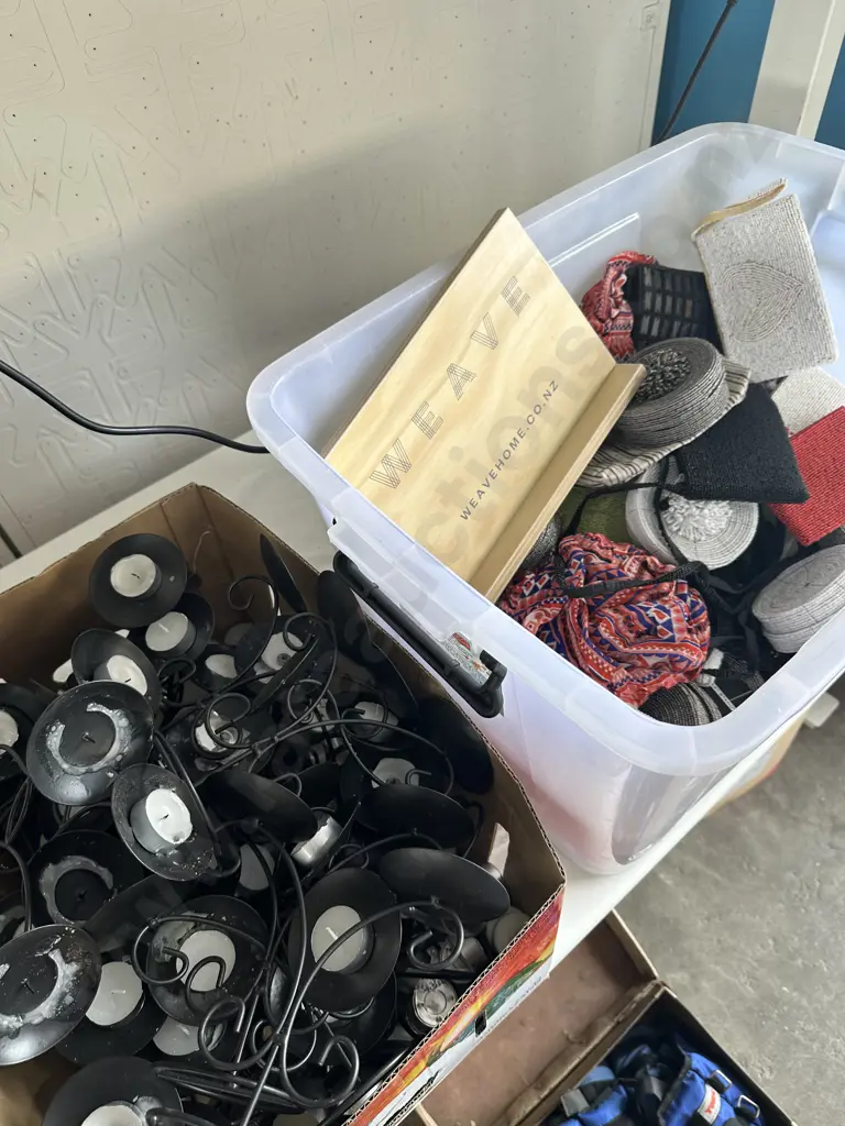 Bin of purses and cases plus box full of candle holders.etc. Image 1++