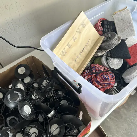 Bin of purses and cases plus box full of candle holders.etc.