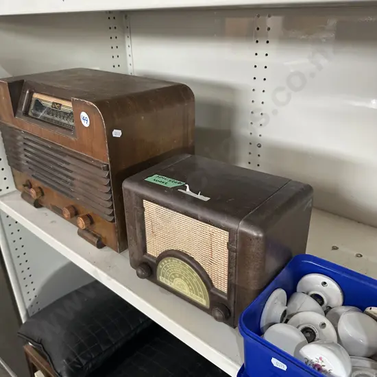 Two vintage radios plus porcelain door handles.