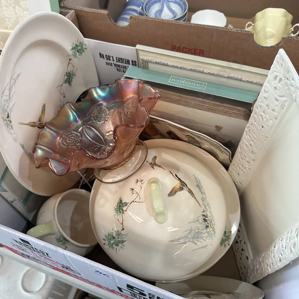 Box lot including Carnival glass bowl and Royal Doulton dinnerware etc. Image 1++