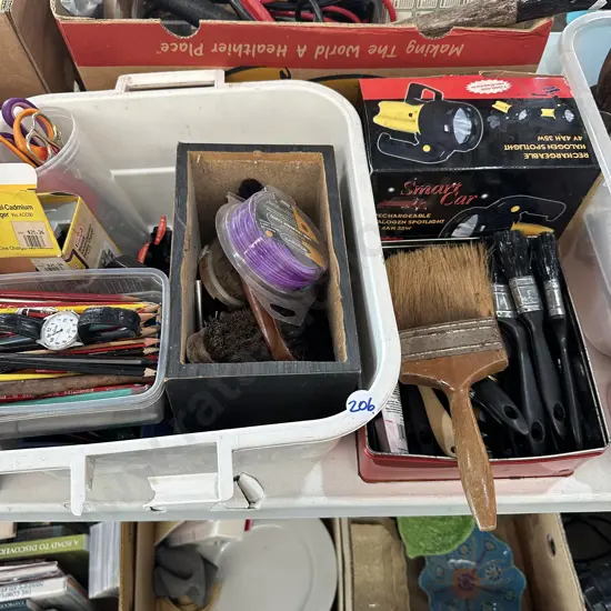 Stationery, paint brushes, car rechargeable spotlight etc.