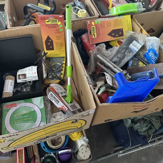 Two boxes tools, hardware, new Squeegee etc.