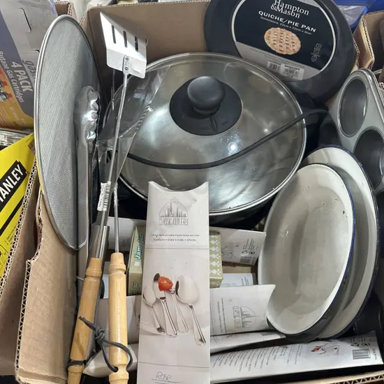 S/S frying pan, bakeware and new cutlery, enamel plates etc.