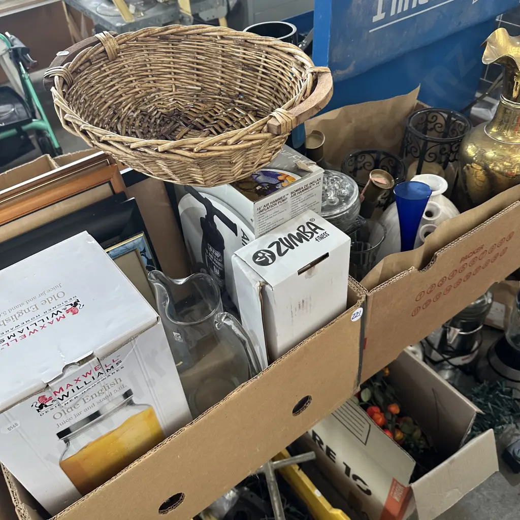 Two boxes vases including large brass, new juice jar and stand, basket etc. Image 1++