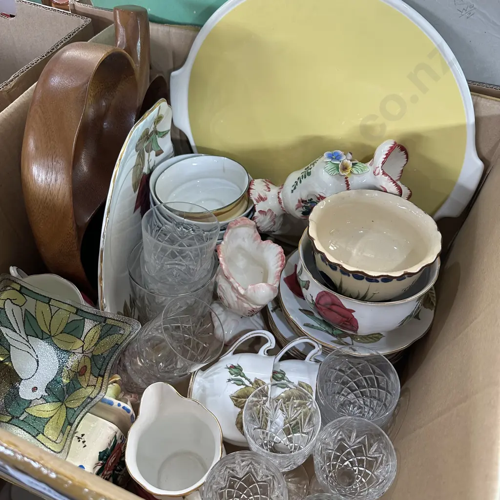 Box of English Rose china, crystal glasses etc. Image 1++