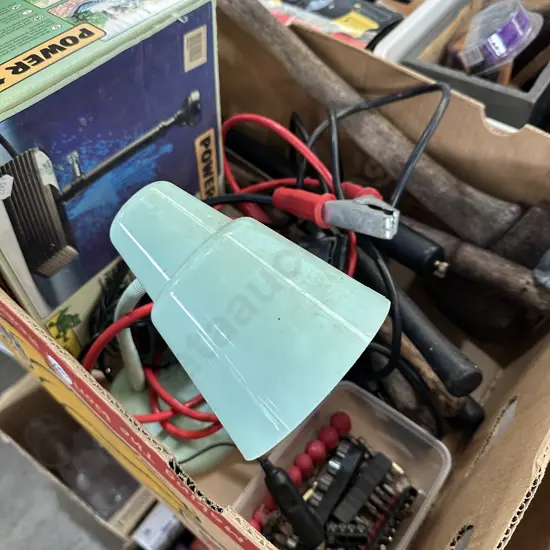 Box gardening tools and pump, jumper leads etc.