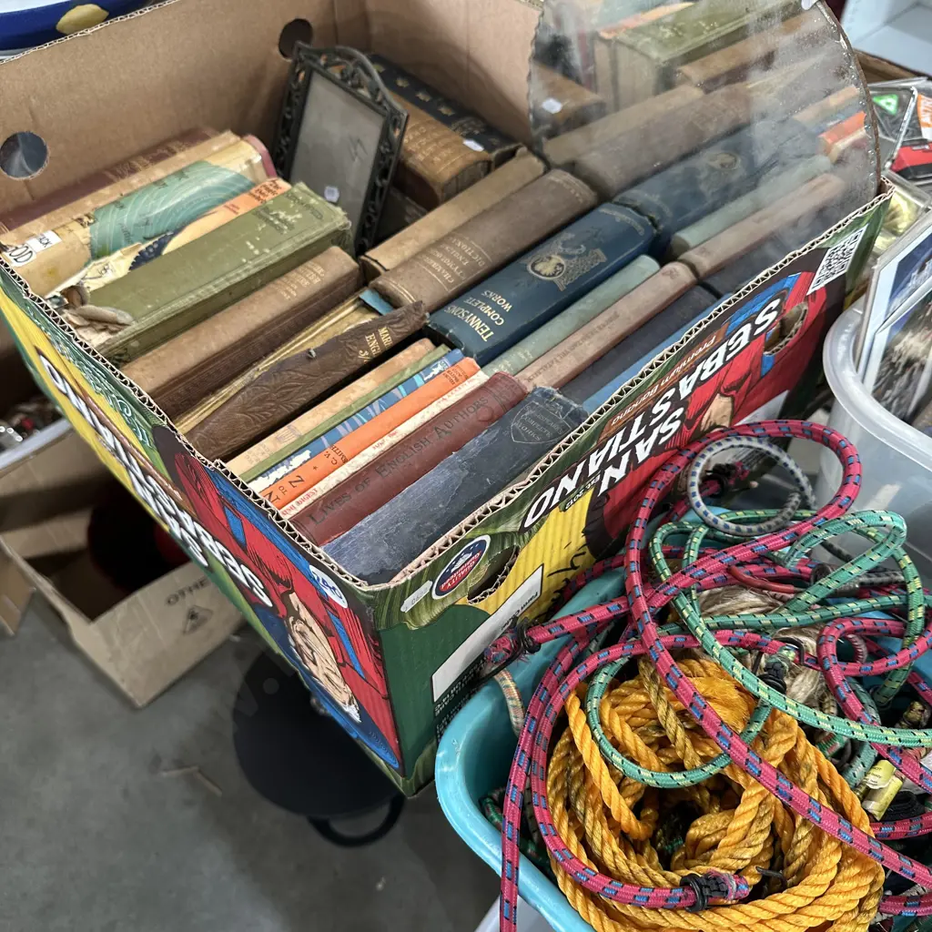 Box of old books, mirror, picture frame, rope etc. Image 1++